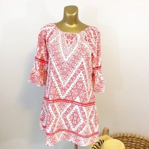 🔴 Red Print Dress Scoop Neck Long Sleeve Boho Style Women’s Medium Heart Soul